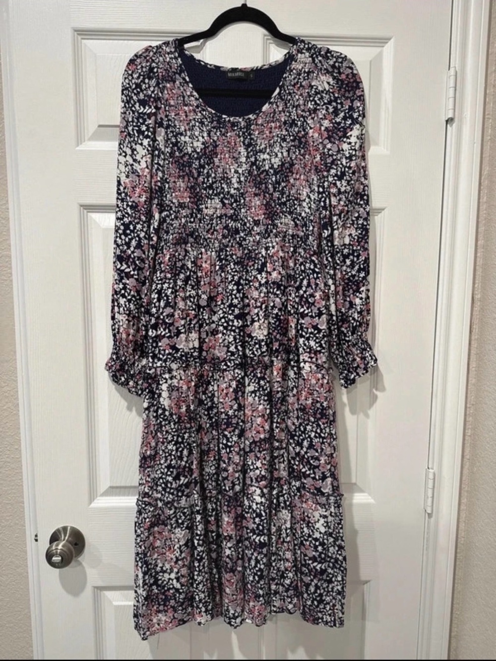 Mikarose Navy and Pink Floral Tiered Midi Dress